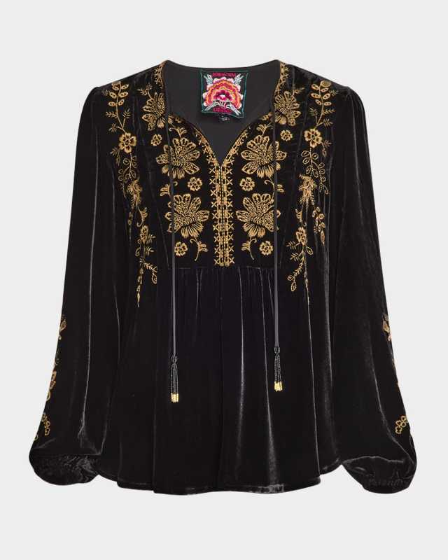 Nyomi Floral-Embroidered Velvet Blous